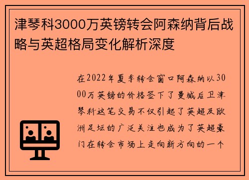 津琴科3000万英镑转会阿森纳背后战略与英超格局变化解析深度